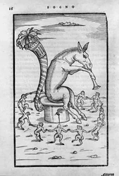 Åsnan Timon får alkemisterna att dansa - "" De Transmutatione Metallica Sogni Tre "", av Giovanni Battista Nazari, redigerad i Brescia 1599.