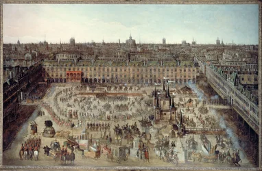 "Roman des chevaliers de la gloire", en stor karusell som hölls 5-7 april 1612 för att fira Ludvig XIII:s giftermål med Anne av Österrike, Place Royale, ca 1612 (olja på duk)