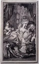 Den lilla hunden som skjuter pengar och stenar- i "Berättelser och noveller på vers" av Jean La Fontaine. 1762.