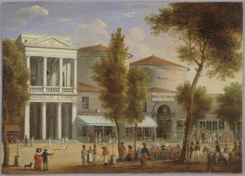 Le théâtre des Variétés et le passage des Panoramas, boulevard Montmartre, cirka 1825, cirka 1825 (olja på kort)