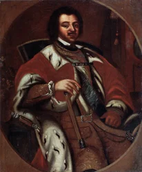 Den ryske kejsaren Peter I (den store) (1672-1725) på sin tron ​​(kejsar Peter I tronade). Anonym målning. Olja på duk, tidigt 1700-tal. Statens konstmuseum, Yaroslavi (Ryssland).