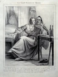Les grands hommes en chemise Representation av författaren Honore de Balzac (1799-1850) som omsluter en ung kvinna medan hon röker en cigarett. Illustration av E. Allet (1800-talet) Paris, Maison Balzac