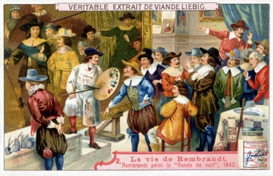 Liebig-kromolitografi om Rembrandts liv (1606 - 1669), holländsk målare. Här natten runt 1642.