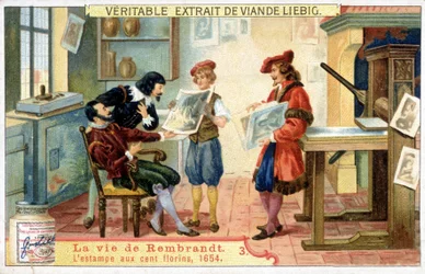 Liebig-kromolitografi om Rembrandts liv (1606 - 1669), holländsk målare. Detta är trycket på 100 gulden 1654.
