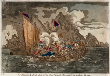 Löjtnant Turner och besättningen på skeppet "Tea", tillfångatagna av Ladronepiraterna, ca 1800 (kolorerad akvatint)