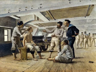 Livet ombord på ett franskt krigsfartyg: fartygsfrisören rakar sjömännen, ca 1800