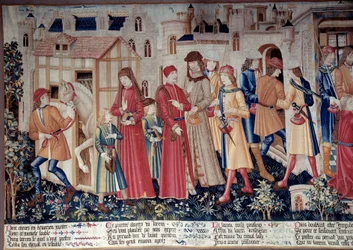 Life of Saint Quentin: Miracle of Saint Quentin (Legende Doree). Gobeläng av Saint Quentin (fragment av vänster), cirka 1480. Louvren, Paris