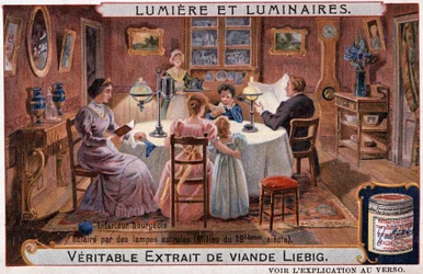 Ljus och armaturer, borgerlig interiör upplyst av astrallampor - chromo. Liebig v. 1895