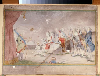 Kejsarinna Katarina II med sin familj och hovmän (kejsarinnan Katarina II med sin familj och hovmän) - Anonymt verk, akvarell och tusch på papper, sent 1780