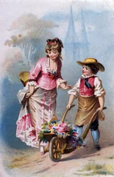 Liten trädgårdsmästare: en ung pojke med en skottkärra full av blommor pratar med en ung kvinna på väg till en by. kromolitografi 1880.