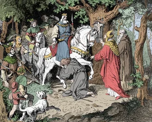 Liudolf (Liudolf, hertig av Schwaben) (930-957) ber om förlåtelse av sin far Otton I av det heliga riket (Otto I, den heliga romerska kejsaren)