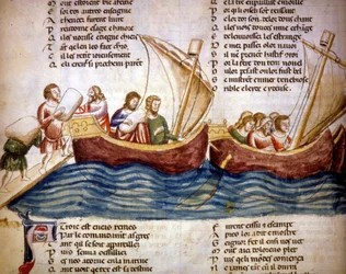 Lastning av gods ombord, sent 1200-tal - Miniatyr ur ”Roman de Troie” av Benoît de Sainte-Maure, 1300-tal - Biblioteca Marciana, Venedig