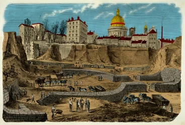 Platsen för Gallo Romain-cirkusen med anor från 200-talet f.Kr., upptäckt 1870 under borrningen av rue Monge i Paris, gravering av 1800-talet