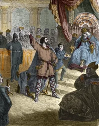 Ludvig IV av Outremer (utomlands, utomlands) (921 - 954), kung av Frankrike vid konciliet (synoden) i Ingelheim i Tyskland 948 före Otto I av det heliga riket (912-973). Gravyr i "" Histoire De France En Cent-målningar av Paul Lehugeur "" 1891.