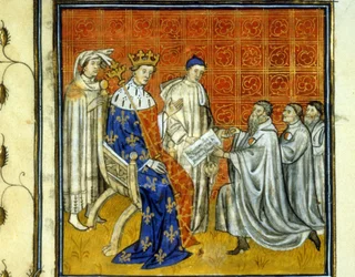 Ludvig X (1289 - 1316) beviljar en stadga till rikets judar - Inlösen av judarna, 1315, av deras rätt att återvända till kungariket Frankrike efter utvisningen av 1308 av Filip Bel. De kan identifieras med det vita och röda hjulet. Illumina