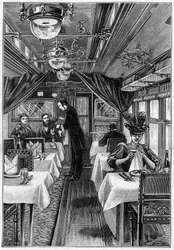 Lyxtåg i Europa: invändig vy av en restaurangvagn. Gravyr i "" Nature: granskning av vetenskaperna och deras tillämpningar på konst och industri"" av 1 maj