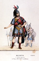 Macbeth karaktär i krigarkostym i operan med samma namn av Giuseppe Verdi (1813 - 1901) efter William Shakespeares verk. 1847. Gravyr.