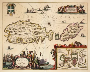 Karta över Malta och Gozo, ca 1650 (kolorerad gravyr)