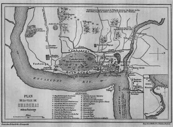 Karta över Shanghai City 1860, utsikt över kinesiska gamla stan och utländska koncessioner 1860. Karta i "" Le Tour du Monde, Nouveau journal des Voyages", redigerad av Edouard Charton, Paris