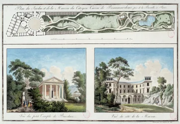 Karta över den franske författaren och dramatikern Pierre Augustin Caron de Beaumarchais (1732-1799) trädgård och hus på nuvarande Boulevard Beaumarchais i Paris. Gravyr omkring 1795 Paris, Musee Carnavalet