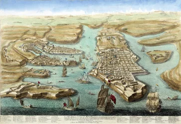 Karta över hamnen på Malta, dess befästningar och slottet. 1700-talsgravyr.