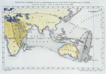 Karta, utgiven av Bureau des Longitudes, som visar Månens skuggas och mörkers gång över jordytan under förmörkelsen 1868