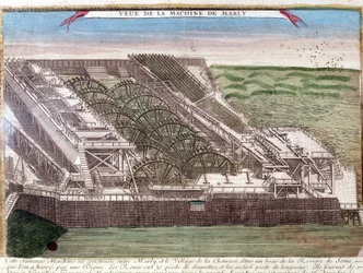 Marly de Rennequins maskin brukade driva Seines vatten till Versailles via Marly-akvedukten. Gravyr av 1700-talet.