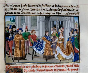 Äktenskap mellan Philippe Auguste (1165-1223) och Isabelle de Hainault (28 april 1181). Miniatyr i "" Chronicles of Emperors"" av Loyset Liedet (1420-1479)