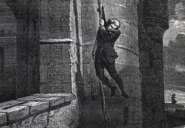Masers De Latude flyr från Bastille - Escape de la Bastille av Jean Henry, dit Danry, dit Masers de Latude (1725-1805) - gravyr i ""Dictionnaire populaire illustrious"" - 1864 - av Joseph Decembre och Edmond Allonier -