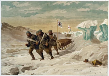 Män och släde på isen - i "" The shores of the polar sea, an Arctic expedition narration"", av Dr Edward Moos, Marcus Nard & Co, London
