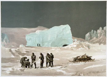 Män och släde på isen - i "" The shores of the polar sea, an Arctic expedition narration"", av Dr Edward Moos, Marcus Nard & Co, London