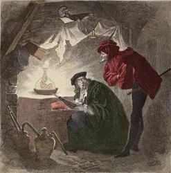 Mefistofeles (Mephisto), en Faust-illustration till ”Faust” av Johann Wolfgang von Goethe (1749-1832), illustration till Goethes ”Faust”, gravyr