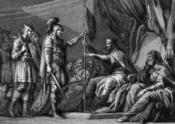 Merovingerperioden: en borgmästare i palatset (rikets dignitär) avlade eden innan han tillträdde. Han svär till eveques och lords i regionen att behålla sina respektive rättigheter. Gravyr från 1700-talet.