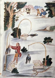 Metod för att fånga fåglar i lasso, från boken "Trujillo del Peru" eller "Códice Martínez Compañón", av Baltazar Martinez Compañón y Bujanda, biskop av Trujillo (1782-1785)