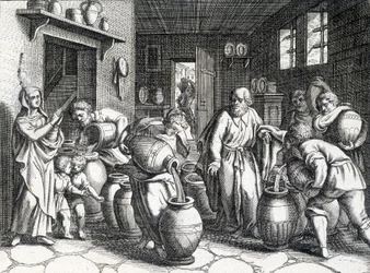 Mirakel av Elisee, biblisk profet och lärjunge till Elia som med sin mantel förmedlar sin ande och krafter till honom. Gravyr från 1724.
