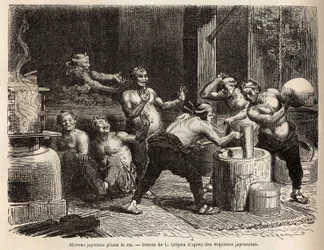 Mitroner dunkar ris, innan det bryggs för att göra risöl. Gravyr för att illustrera resan till Japan, av Aime Humbert, minister för Schweiziska edsförbundet, 1863-1864, publicerad i "" Le tour du monde""" 1869, redigerad av Edouard Charton, upplaga Hach