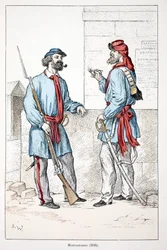 Bergsklättrare (1848). Etsning i färger, för illustration "" History of the Corps of Peacekeepers""" bok publicerad under beskydd av Louis Lepine (1846-1933), prefekt för polisen på Seine, av Alfred Rey (1864-?) och Louis Feron (1862) -?), editi