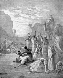 Moses får vatten att rinna ur klippan.