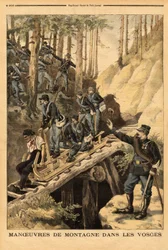 Bergsmanöver i Vogeserna av en bataljon alpina jägare med en begäran om en schlitte, släde för avverkning. Gravyr i "" Le petit journal"" 1896-07-19. Selvas samling.