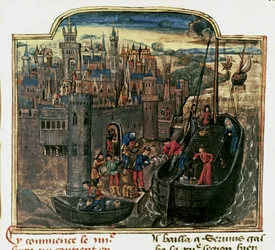 NAVIGATION: Lastning av ett handelsfartyg, sent 1400-tal (miniatyr)