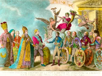 Napoleon Bonaparte (1769-1821) presenterar fredens olivträd för alla Europas makter. Gravyr 1801 Privat samling
