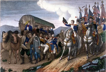 Napoleon hälsar sårade soldater. 1800-talsgravyr.