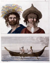 Infödd på Påskön (Rapa Nui) i Polynesien, medlemmar av klanen Long Ears. Nedervåningen, en av deras båtar. - i "" Den gamla och moderna kostymen""" av Jules Ferrario