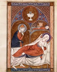 Födelse: Jungfru Maria är representerad här liggande på en säng Sida hämtad från manuskriptet "" Psalterium Cum Calendario"" Padua från 1200-talet, seminariets bibliotek
