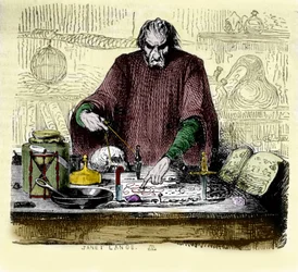 Nicolas Flamel (1330 - 1418) i sitt laboratorium.