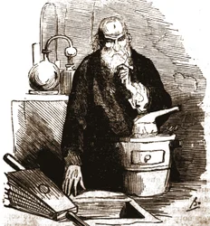 Nicolas Flamel (1330 - 1418) i sitt laboratorium.