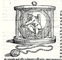 Nicoli Fontanas andra kostym kallas Tartaglia (1499 - 1557). Det ger en kristallkula där dykaren stänger sig själv. Gravyr 1500-talet.