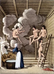 Nakna figurer i en finsk bastu. Gravyr från 1811 omfattar en bok om resan.