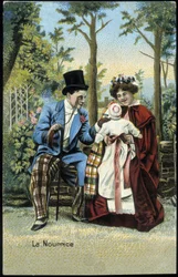 Sjuksköterska med en baby som samtalar med en man i en park - chromo., sent 1800-tal