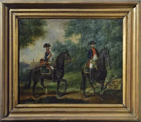 Officer och soldat vid Mestre de Camps regemente 1790, sent artonde århundradet (olja på duk)